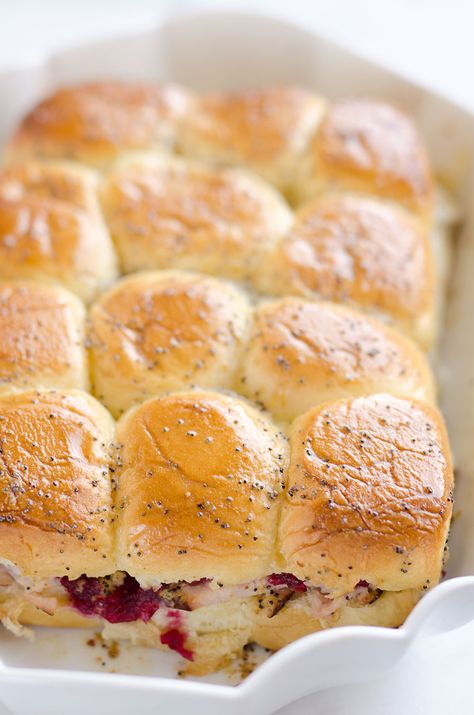 Baked Sliders, Savory Butter, Hawaiian Roll Sandwiches, Brie Cranberry, Cranberry Baking, Cranberry Turkey, Turkey Sliders, Rolled Sandwiches, Turkey Cranberry