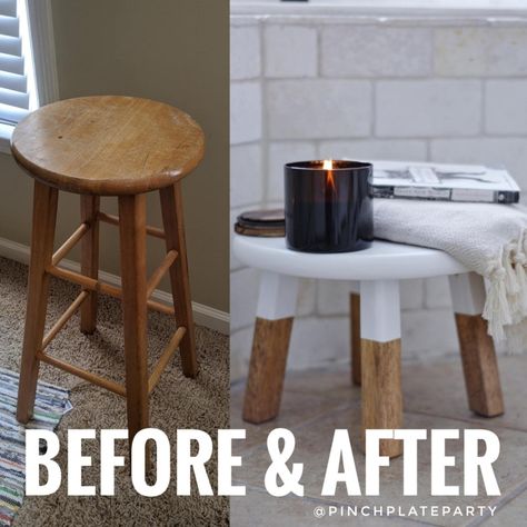 Stool Styling Ideas, Stools For End Tables, Vanity Stool Diy, Stool Ideas Decor, Pedal Stool Sink Bathroom Ideas, Stool Makeover Wooden, Repurpose Stools Ideas, Stools In Bathroom, Wood Stool Makeover