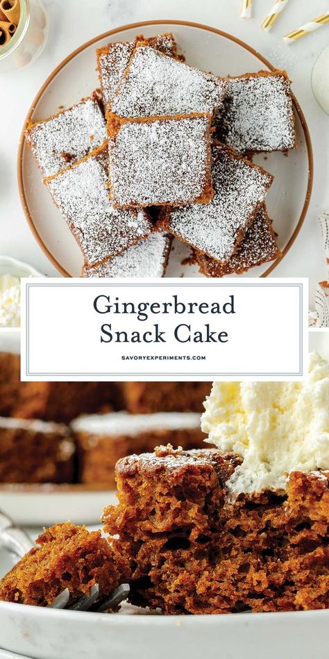 Full of seasonal spices, the amazing aroma of this Gingerbread Snack Cake is almost as incredible as its flavor and moist texture. Gingerbread Snack Cake, Snack Cake Recipe, Gingerbread Recipes, Mouthwatering Desserts, Gingerbread Cake Recipe, Fabulous Desserts, Almond Pound Cakes, Pies Recipes, Apple Coffee Cakes