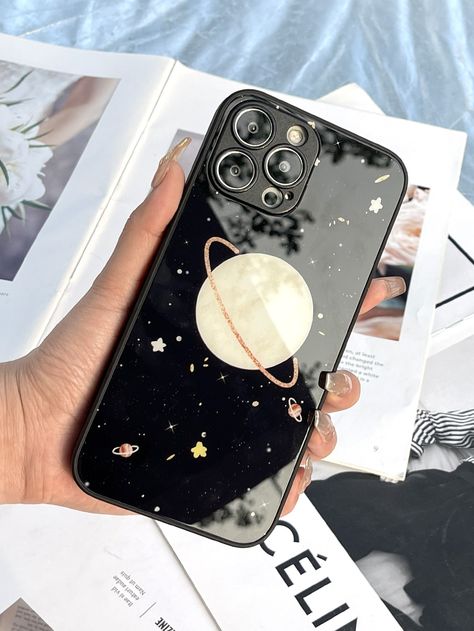 Multicolor    Tempered Glass Cartoon Phone Cases Embellished   Phone/Pad Accessories Planet Phone Case, Cartoon Phone Cases, Painted Phone Case, Planet Painting, Phone Covers, Tempered Glass, Planets, Iphone Case, Phone Case