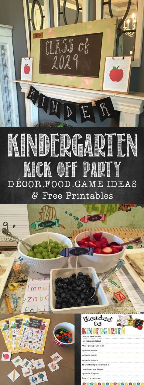 Get all the details on throwing a Kindergarten Kick off party or Back to school party. Decorating ideas, Food ideas and fun games with free printables! School Party Food, Party Decorating Ideas, Kindergarten Party, Kindergarten Graduation Party, Back To School Breakfast, Starting Kindergarten, School Dinners, School Breakfast, Birthday Party Games For Kids