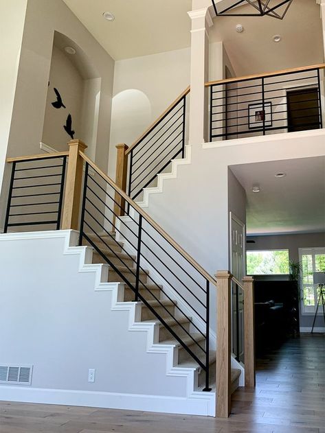 Railing For Indoor Stairs, Stair Rail Update, Industrial Staircase Railing, Stair Railing Ideas Half Walls Open Staircase, Modern Newel Posts For Stairs, Hand Rail For Stairs Indoor, Installing Stair Railing, Black And Wood Stair Railing, Indoor Handrails For Stairs