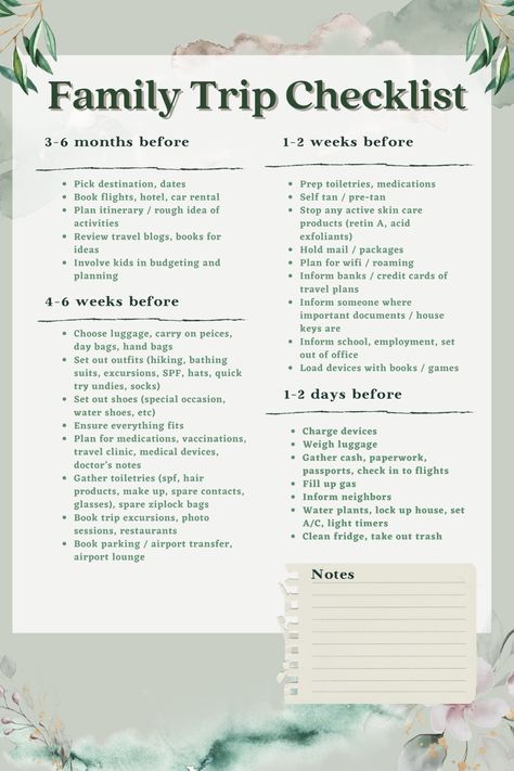 Embarking on a family adventure is exciting, but it also requires careful planning to ensure everyone has a smooth and enjoyable experience. Here's a comprehensive checklist starting six months before departure to help you organize every detail of your family trip How To Plan A Trip, Vacation Planning Checklist, Family Vacation Packing List, Trip Essentials Packing Lists, Trip Planning Checklist, Trip Checklist, Summer Packing Lists, Vacation List, Family Vacation Planning