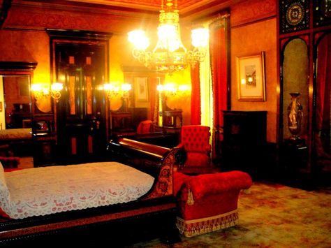 . Brownstone Bedroom, The Mansion, Brick Facade, Row House, Gilded Age, Red Accents, Low Light, Low Lights, Mansion