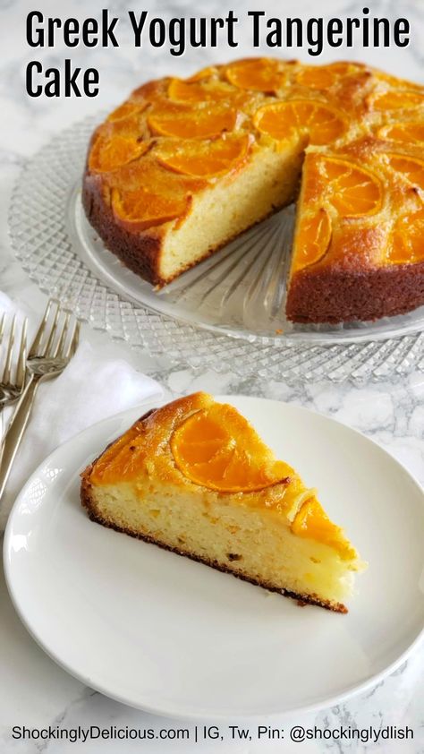 Greek Yogurt Tangerine Cake checks all the boxes: pretty, easy, moist, bright citrus flavor from the baked candied tangerine slices on top, sweet but not cloying. It makes a perfect dessert, snack with tea, or breakfast treat. It's a wonderful cake to take to a friend or serve at a party, because it makes 10 nice-sized pieces. And it tastes as good or even better the next day, if people will leave it alone that long. #shockinglydelicious #tangerinecake #springsweetsweek #sponsored Tangerine Cake, Dessert Cravings, Dessert Cakes, Amazing Desserts, Vegetarian Cake, Photo Food, Simple Cake, Strawberry Cakes, Moist Cakes