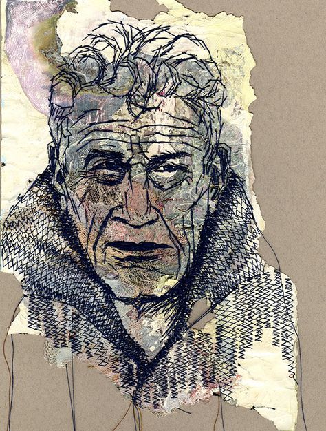 John Berger portrait by Shirley Nette Williams Stitched Portraits, Textile Portraits, Fabric Faces, Embroidered Illustration, Unusual Portraits, Collage Portraits, Portrait Quilts, Textiles Ideas, John Berger