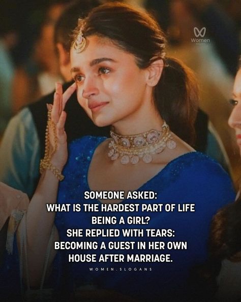 The hardest part of being a girl? Becoming a guest in her own home after marriage. 💔 - Caption This! ✔️ - Follow us @women.slogans 🌟 If you have goals in your life. - We love to keeps you always motivated towards your goal, your dreams! 🌎 - So Turn the blue button into white right now! - Follow us @women.slogans 🌟 Follow us @women.slogans 🌟 - 📸 Credits to respective owner Turn 🔛 on Post notification 🔔 - -#womenslogans #successlogans #womenquotes . Tag begins :) #LifeOfAGirl #MarriageStruggles... Actress Motivation Quotes, Women Respect Quotes In Hindi, Indipendente Girl Quote, Ladies Respect Quotes In Hindi, Bajirao Mastani Quotes, Marriage Girl, Life After Marriage, Marriage Struggles, Being A Girl