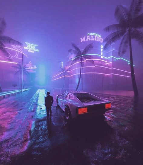 COMPLEX on Instagram: “They should remaster Vice City. [h/t @modernnotoriety]” Neon Lights, At Night, Palm Trees, A Man, Trees, Neon, Road, Art