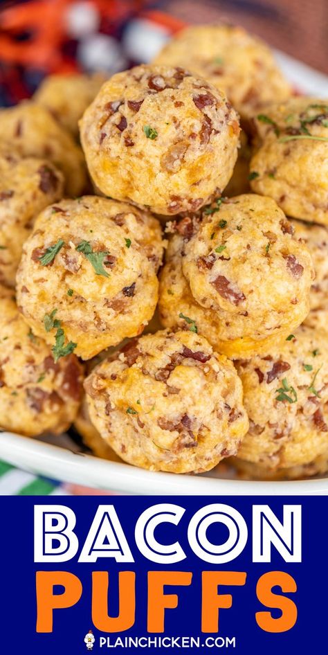 Make Ahead Hearty Appetizers, Bacon Puffs Recipe, Appetizers For Party Easy Finger Foods, Bacon Board, Bacon Side Dishes, Party Munchies, Bacon Puffs, Chicken Appetizer Recipes, Bacon Appetizers