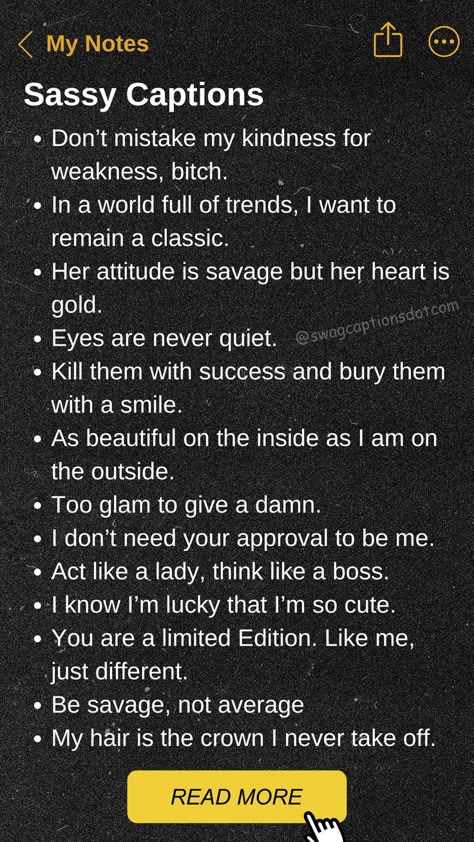 Unleash your inner diva with these sassy Instagram captions for your fiercest pics! Whether you're striking a pose, showing off your latest outfit, or just feeling yourself, these bold and confident captions will elevate your Instagram game. Perfect for those who want to make a statement, these captions are packed with attitude and style. Sassy Quotes Instagram, Vogue Captions, Boujee Quotes For Instagram, Sassy Selfie Captions, Confident Women Quotes Instagram, Black Suit Captions For Instagram, Baddie Insta Captions For Selfies, Self Obsessed Captions For Instagram, Selfie Captions Instagram Sassy
