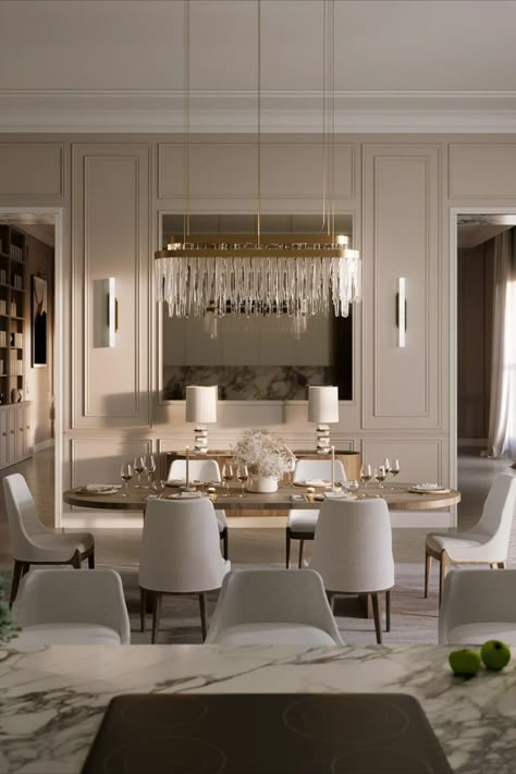 sophisticated dining room with a wood dining table and cream dining chairs Classical Interior Design, Dining Room Design Luxury, Almirah Designs, Modern Appartement, Classical Interior, Classic Dining Room, Dinning Room Design, House Deco, Rooms Ideas