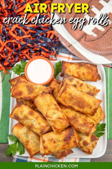 Air Fryer Crack Chicken Egg Rolls—These egg rolls are filled with shredded chicken, crispy bacon, cheddar cheese, and ranch dressing and air-fried to golden perfection. Perfect as a game day appetizer, snack, or main dish, they offer a delicious blend of flavors in every bite. Easy to make and healthier than traditional frying, they’re sure to be a hit at any meal. Chicken Bacon Cheddar, Cream Cheese Pinwheels, Homemade Egg Rolls, Shredded Bbq Chicken, Chicken Roll Ups, Slow Cooker Casserole, Chicken Egg Rolls, Cheese Pinwheels, Low Carb Mexican