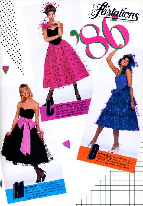 March 1986 ad  Flirtations - A Division of Alfred Angelo Designed by Michele Riccione  CLASS WIT - Some girls just wanna have fun... dazzle 'em in a bustier with whimsical pouf of dot-splashed tulle. Built-in crinoline. Black/fuchsia, black/white or black/royal.  BEST DANCER - All the right moves... and just the right look. Sassy sparkled tulle with taffeta bodice and peplum in ultra-violet or high-voltage fuchsia.  MOST PREPPY - Poised, polished and always perfect... the little black dress ... 80's Prom Dresses, 80s Homecoming Dresses, 1980 Prom Dresses, 80 Prom Dresses 1980s, 80s Prom Outfits, 80s Homecoming, Footloose Party, Footloose Costumes, Highschool Prom