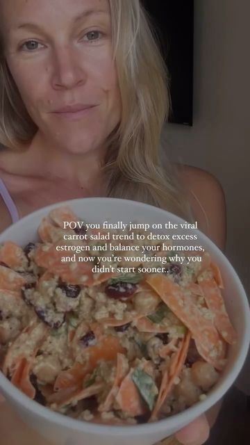 Rebecca Leigh | Regenerative Health on Instagram: "Detoxing excess estrogen can help reduce bloating, mood swings, and other symptoms of hormone imbalance 🌸

Oh my gosh, I’m obsessed! This simple salad is a delicious, natural way to support your hormones. It’s so good..

Carrots contain unique fibers that can bind to excess estrogen and help remove it from the body. When estrogen builds up, it can lead to symptoms like PMS, weight gain, and mood swings.

By improving bowel movements and binding to toxins, carrots assist in eliminating excess estrogen, which can promote hormonal balance 👱🏼‍♀️

SAVE this recipe for later and give your hormones some love! 🤍

🌱 Creamy Carrot Salad 

1 cup quinoa, cooked
1 cup chickpeas
3 medium carrots
1/4 cup dried cranberries
1/4 cup sliced almonds
5 gr Excess Estrogen, Rebecca Leigh, Simple Salad, Hormonal Balance, Bowel Movement, Carrot Salad, Hormone Imbalance, Sliced Almonds, Easy Salads