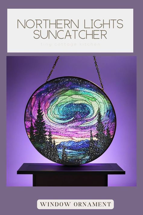 Make your winter windows come alive with this aurora borealis suncatcher!  Striking colors fill the sky with a night rainbow is a backdrop to a forest full of tree bringing a sense of nature and wonder into your home. Tiny Cottage Kitchen, Winter Windows, Aurora Borealis Art, Night Rainbow, Suncatcher Window, Winter Window, Tiny Cottage, Art Winter, Event Ideas