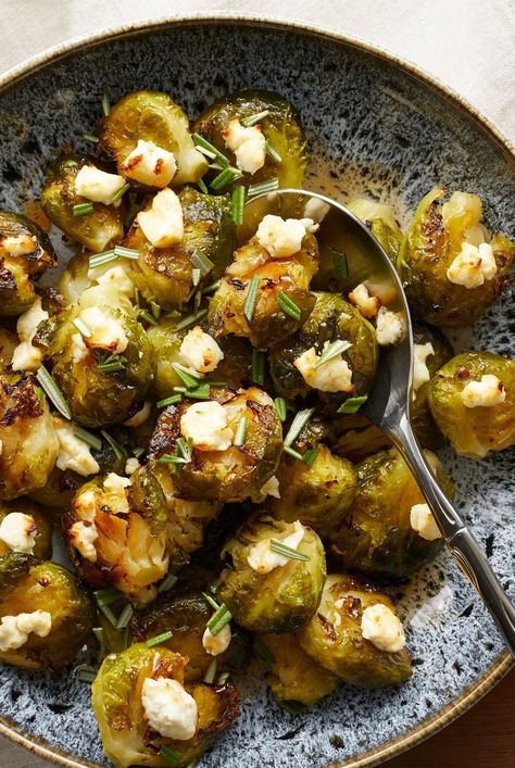 Brussels sprouts are simmered until tender, then smashed to increase their surface area before they're finished in the oven with a creamy layer of goat cheese and a drizzle of sweet hot honey. #sidedishes#healthysidedishes#sidedishrecipes#dinner#dinnerideas#supperideas#dinnerrecipes#healthydinnerideas#healthydinnerrecipes#healthyrecipes Roasted Brussel Sprouts With Goat Cheese, Brussel Sprouts With Goat Cheese, Smashed Brussel Sprouts, Honey Brussel Sprouts, Smashed Brussels Sprouts, Quick Side Dishes, Gut Health Recipes, Party Things, Baking With Honey