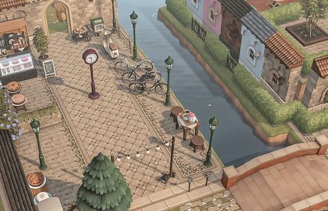 Acnh Street Ideas, Animal Crossing Canal Ideas, Vintage Acnh, Animal Crossing Fish, Acnh Layout, Riverside Market, Urban Island, Acnh Cottagecore, City Island