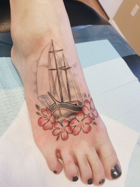 Sailing Tattoos For Women, Boat Tattoo For Women, Sail Boat Tattoo, Sternum Tattoo Design Unique, Apple Blossom Tattoos, Nautical Drawings, Blossoms Tattoo, Nautical Sleeve, Sailing Tattoo