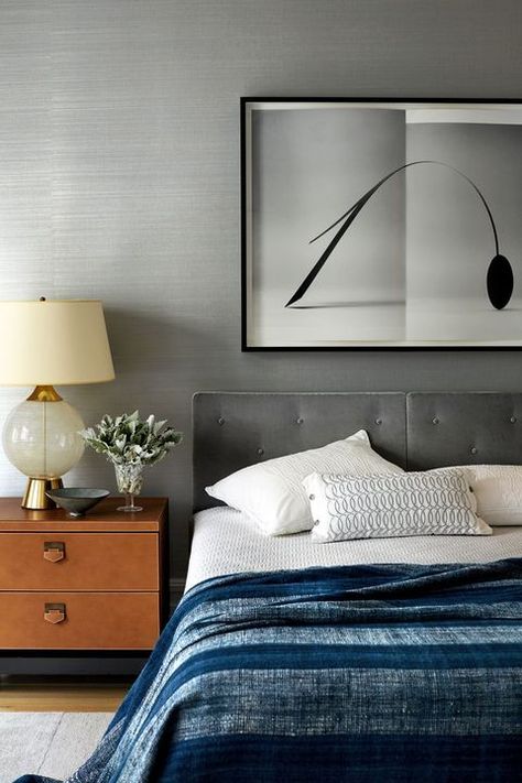 Bedroom, Bed, White, Room, Furniture, Nightstand, Interior design, Wall, Bed frame, Bed sheet, Grey Bed Frame Bedroom Ideas, Grey Headboard Bedroom Ideas, Grey Headboard Bedroom, Grey Bedroom Paint, Headboard Fabric, Upper West Side Apartment, Bed Frame White, Headboard Bedroom, Grey Bed