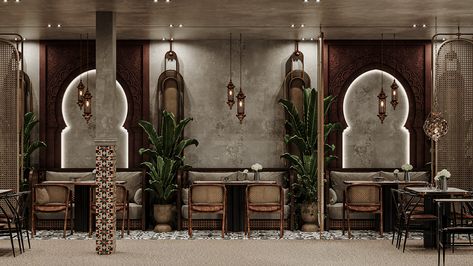 Islamic Restaurant Design, Restaurant Entrance Design Entryway, Moroccan Restaurant Interior, Resturant Interior Design, Resturant Interior, Restaurant Table Design, Luxury Restaurant Interior, Arabic Interior Design, Islamic Interior Design