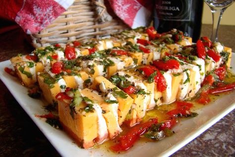 Had this at a Christmas Party a few days ago......delicious!  Make the marinade a day ahead to let the flavors marry before marinading the cheese the night before serving! Marinated Cheese Appetizer, Marinated Cheese, Cheese Recipes Appetizers, Cheese Appetizer, Easy Party Food, Cheese Appetizers, Party Food Appetizers, Appetizer Dips, Appetizers For Party