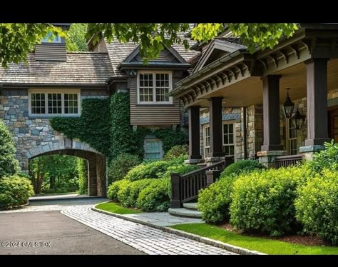 New England Mansion Exterior, Greenwich Ct Homes, French Style Homes Exterior, Porte Cochere House Plans, Country Estate Homes, English Estate, Exterior Fireplace, Porte Cochere, Greenwich Ct