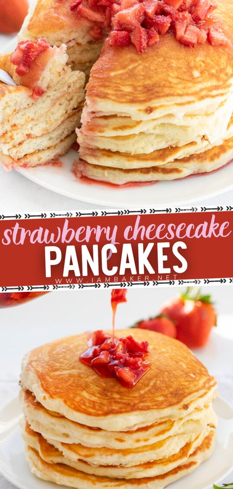 Strawberry Cheesecake Pancakes Easy, Strawberry Cheesecake Breakfast, Strawberry Cream Cheese Pancakes, Breakfast Ideas With Strawberries, Cheesecake Pancakes Recipe, Stuffed Pancakes, Strawberry Cheesecake Pancakes, Strawberry Pancakes Recipe, Cheesecake Pancakes