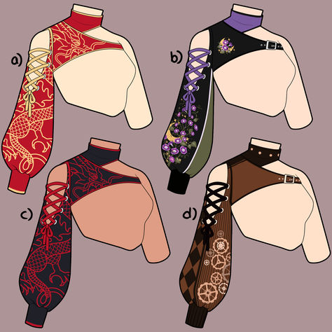 Spice up your boring halter dress, halter top or tube top with these one arm asymmetrical shoulder aesthetic shoulder covers 😏 Dress Outfits Ideas Drawing, Asymmetrical Character Design, One Arm Top Outfit, Fantasy Clothing Inspiration, Character Outfits Drawing, Character Design Outfits, Character Clothing Ideas, Anime Clothes Outfits, Clothes Ideas Drawing