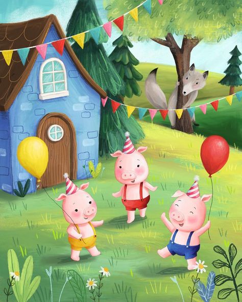 Natalie Merheb Illustrations on Instagram: “Another old illustration bites the dust..” Tri Praseta, Old Illustration, Pig Birthday Party, Pig Illustration, Fairytale Nursery, Book Illustration Art, Pig Birthday, Three Little Pigs, Little Pigs