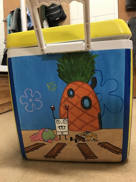 Spongebob Frat Cooler, Beach Cooler Painting, Fraternity Paddles Big Little, Funny Frat Coolers, Painting Cooler Ideas, Frat Table, Frat Painting, Frat Coolers Formal, Formals Cooler