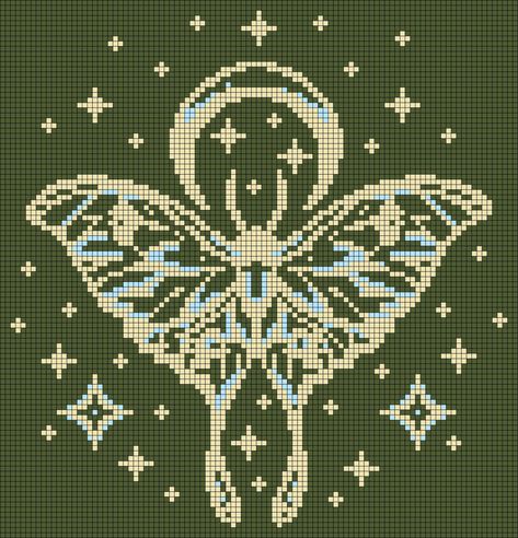 Lunar Moth Pixel Art, Unicorn Pixel Art Grid, Moth Granny Square, Moth Pixel Art, Luna Moth Crochet, Moth Insect, Butterfly Moon, Lunar Moth, Grid Patterns