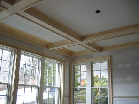 Cauffered Ceiling, Coffered Ceiling Bedroom, Ceiling Trim Ideas, Fluted Fireplace, Modern Coffered Ceiling, Coffered Ceiling Family Room, Coffered Ceiling Dining Room, Wood Coffered Ceiling, Boston Living Room