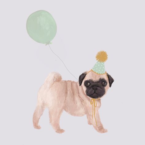 Party Hat Illustration, Birthday Pug, Pug Birthday, Pug Illustration, Hat Illustration, Different Dog Breeds, Happy Birthday Dog, Fawn Pug, Cool Birthday Cards