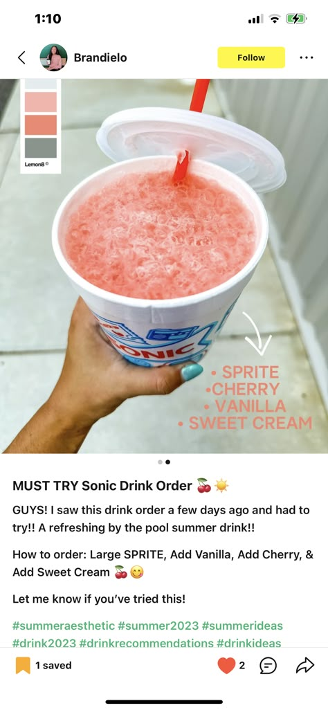 Vanilla Coke Drink Recipe, Sonic Pink Lady Drink, Swig Drink Orders, Sonic Sweet Cream Recipe, Sonic Water Combinations Ideas, Dirty Drinks From Sonic, Sonic Water Recipes, Sonic Sprite Drinks, Sonic Drinks With Sweet Cream