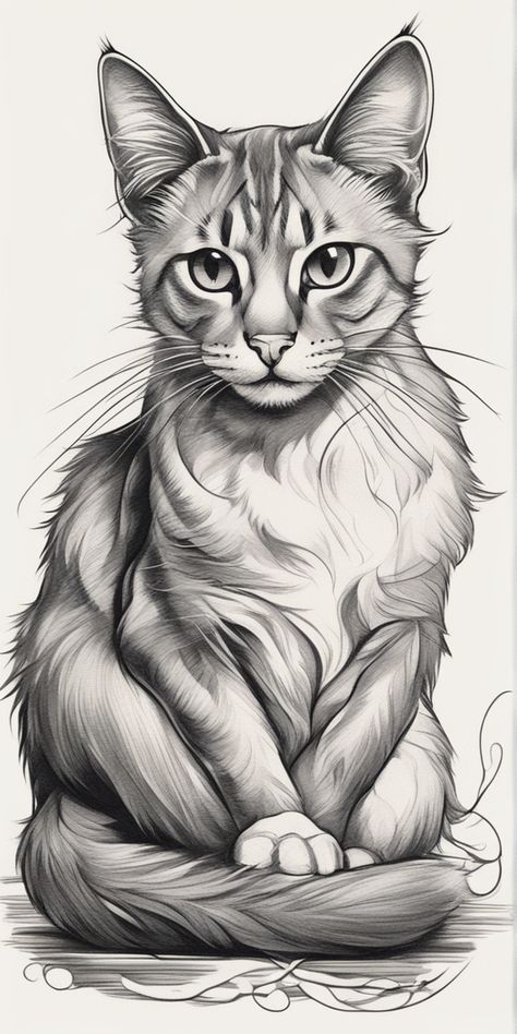 A monochromatic sketch style tattoo design of a cat, stretching with curiosity, inked on a blank canvas. Its feline features are masterfully outlined in bold black strokes. Majestic Cat Drawing, Cat Sketch Tattoo, Sketch Style Tattoo, Black Panther Drawing, Cat And Dog Drawing, Cat Tattoo Design, Human Sketch, Cat Outline, Portrait Animal