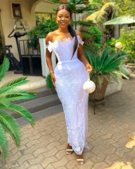 Lace Styles For Wedding Guest, Lace Dress Styles Ghana, White Wedding Guest Dresses, Lace Asoebi Styles, Asoebi Lace Styles, Lace Styles For Wedding, White Lace Gown, Lace Gown Styles, Lace Dress Styles