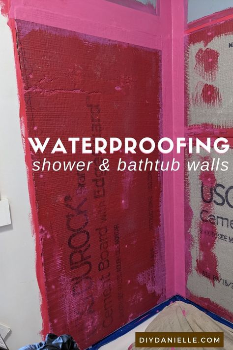 How to waterproof bathtub and shower walls with Redgard. This is one way to add waterproofing over cement backerboard. Installing Shower Tile, Ideas For Shower Walls, Diy Cheap Shower Walls, Waterproof Laminate Shower Walls, Concrete Shower Walls Diy, Diy Shower Wall Ideas, Diy Tile Shower Walls, How To Retile Shower Wall, How To Tile Shower Walls