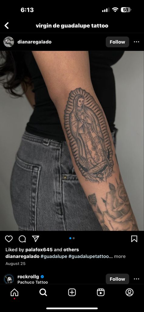 #tattooideas Virgin Mary Arm Sleeve, 87 Tattoo Number, Ofrenda Tattoo, Gualupe Tattoo, San Judas And Virgen Tattoo Together, Our Lady Of Guadalupe Tattoo Small, Small Virgin Mary Tattoo For Women, Virgen De Guadalupe Tattoo Ideas Forearm, Virgin Maria Tattoo