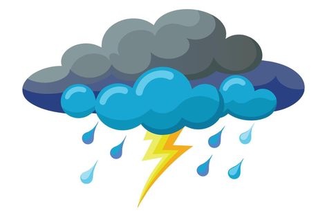 A simple cartoon illustration of a dark cloud with rain and lightning. The cloud is grey and blue with a yellow lightning bolt coming from it. Rain With Lightning, Lightning Cartoon, Cloud With Rain, Rain And Lightning, Yellow Lightning, Dark Clouds, Simple Cartoon, The Cloud, Lightning Bolt