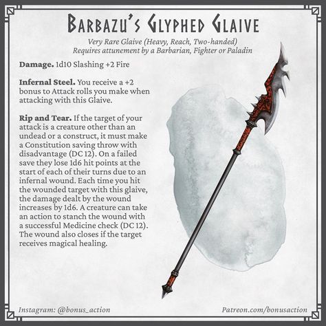 Tim on Instagram: “Barbazu’s Glyphed Glaive; try saying that 3 times in quick succession without getting your beard in a tangle! A new glaive for your…” Dnd Notes, Dungeons And Dragons Rules, Dnd Magic, Dungeons And Dragons Races, Dnd Stats, Dnd Items, Dungeon Master's Guide, D D Items, Magic Items