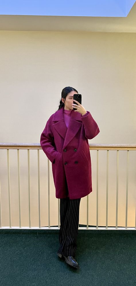 Fall / Winter 2022 | Long Magenta Coat | Magenta Turtleneck | Striped Pants | Black Leather Combat Boots | Law School | Fall / Winter Inspo Magenta Coat Outfit Winter, Magenta And Black Outfits, Pea Coat Outfit, Magenta Coat, Striped Pants Outfit, Black Turtleneck Outfit, Black Leather Combat Boots, Winter Coat Outfits, Turtleneck Outfit