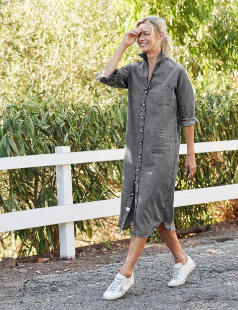 RORY Long Dress in Gray Mineral Wash, Famous Denim | Frank & Eileen Frank And Eileen, Dress Light Pink, Eileen Gray, Frank & Eileen, Full Length Dress, Women's Shirts, Cotton Style, Women's Pants, Denim Dress