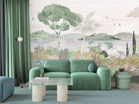 Laguna Collection Landscape Mural, Hallway Wallpaper, Mountain Tree, Banana Leaf Wallpaper, World Map Wallpaper, Office Wallpaper, Tree Landscape, Mural Wall, Tropical Wallpaper