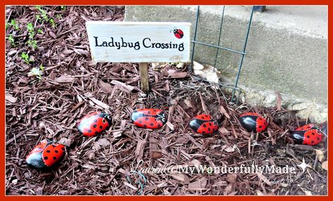 Wonderfully Made": Ladybug Rock Crossing Ladybug Crafts For Kids, Ladybug Crossing, Ladybug Headband, Patio Oasis, First Garden, Ladybug Rocks, Rock Family, Ladybug Crafts, Crossing Sign