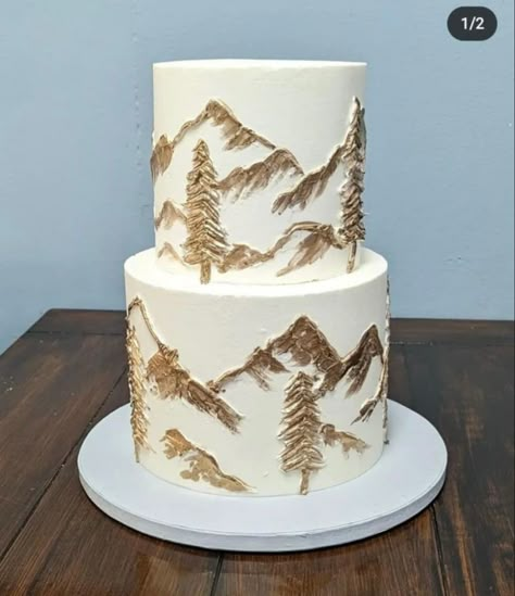 Mountain Birthday, Mountain Wedding Cake, 1 Tier Cake, Mountain Cake, Dark Green Wedding, 90th Birthday Cakes, Gold Mountain, Pretty Desserts, Bride And Groom Cake Toppers