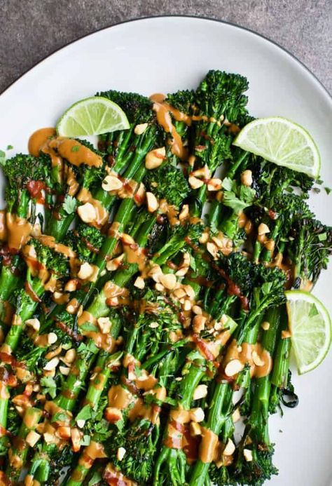 Broccolini Recipe, Vegan Lettuce Wraps, Quick Side Dish, Roasted Broccolini, Spicy Peanut Sauce, Quick Side Dishes, Spicy Peanuts, Broccoli Recipes, Peanut Butter Recipes