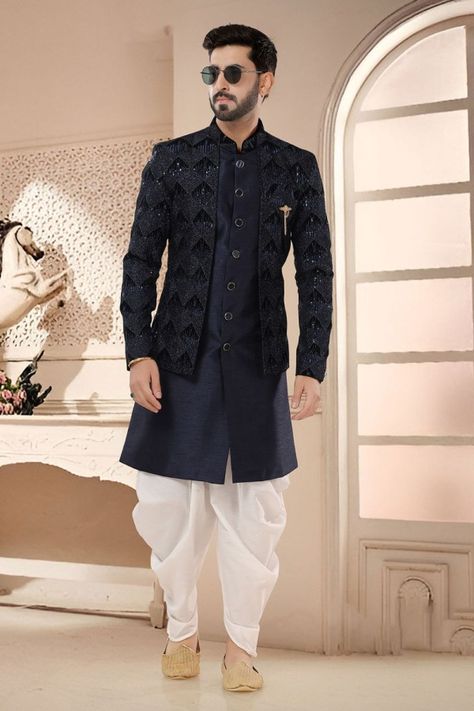 Navy Blue Designer Semi Indo Western Outfit Pakistani Suits Party Wear, Indo Western Outfit, Sequins Jacket, Indowestern Sherwani, Lehenga Style Saree, Lehenga Choli Wedding, Cotton Salwar Kameez, Bollywood Dress, Bespoke Clothing