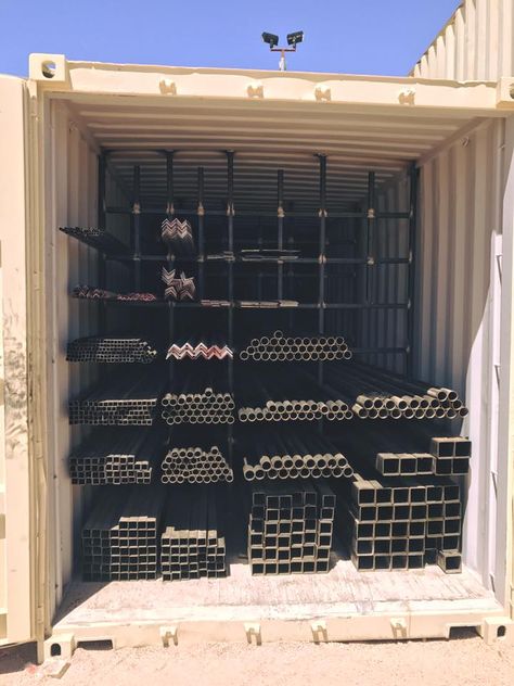 Organized Pipe Storage you can lock up. Pipe is expensive, you don't want it walking off. Welding Shop Organization Ideas, Chain Storage Ideas, Welding Shop Ideas, Beginner Welding Projects Ideas, Beginner Welding Projects, Art Projects For Beginners, Beginner Welding, Shipping Container Workshop, Pipe Storage