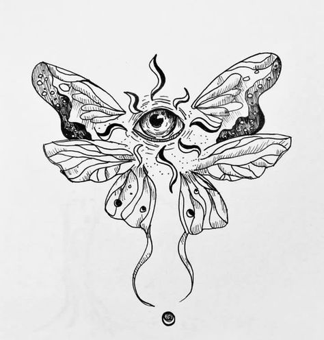 Creative Butterfly Drawings, Weird Butterfly Tattoo, Mystical Creature Tattoos, 3 Inch Tattoos, Small Creepy Doodles, Dragon Butterfly Tattoo, Eyeball Butterfly, Tight Tattoos For Women, Butterfly And Moth Tattoo