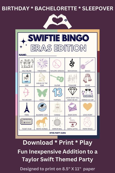 Add Some Swiftie Bingo Fun to Your Next Party Taylor Swift Bingo Template, Taylor Swift Themed Activities, Taylor Swift Birthday Activities, Taylor Swift Games To Play, Taylor Swift Party Games, Taylor Swift Bingo, Taylor Swift Activities, Taylor Swift Themed Party, Bachelorette Sleepover